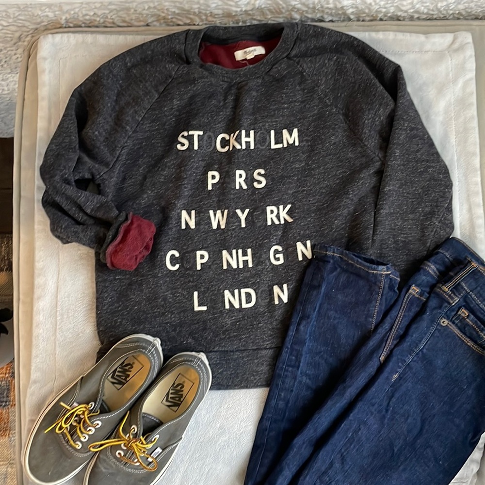 Madewell Tourism Stockholm charcoal grey crew sweatshirt--size xs
